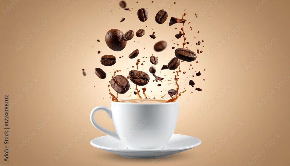 Obraz premium Coffee beans and liquid splash in a white cup