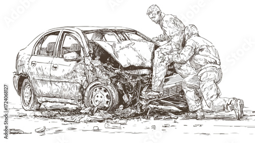 Dynamic Car Crash Illustration with Two People - Vector Art