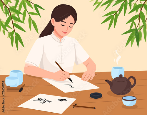 A smiling woman practices traditional Chinese calligraphy with a brush and ink. Surrounded by bamboo and a tea set, she is immersed in a peaceful and creative hobby.