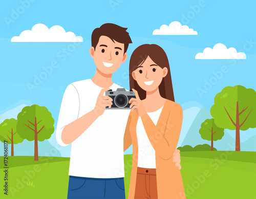 A happy young couple is standing in a park, holding a camera and smiling. The illustration shows them enjoying their time together and sharing a hobby.