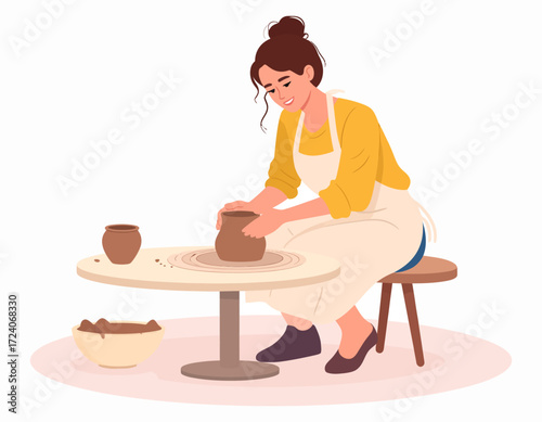 A happy young woman sits at a pottery wheel, focused on skillfully shaping a new pot from clay, a serene and creative process.