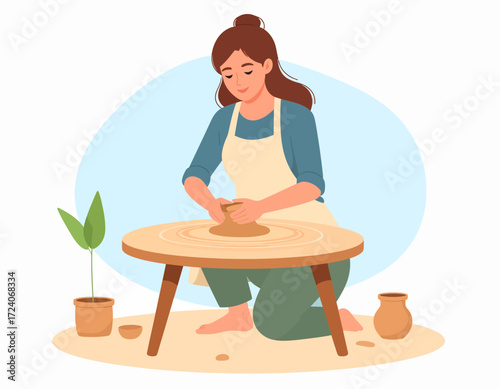 A cheerful woman in an apron is seated at a pottery wheel, skillfully shaping a clay pot. She is focused on her craft, embodying creativity and manual artistry.