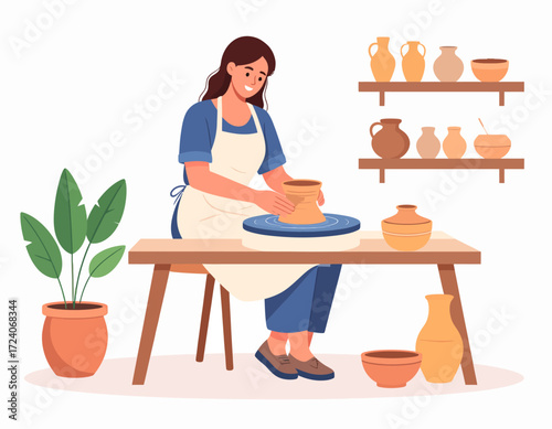 A woman sitting at a table with a pottery wheel, creating a clay pot. The scene includes shelves with finished pottery and plants, suggesting a calm and productive creative space.