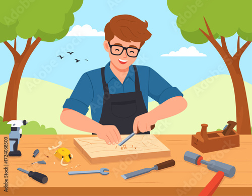 Illustration of a young man wearing glasses and apron working with wood, carving a wooden board using hand tools on an outdoor workbench surrounded by nature.