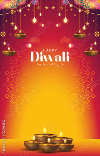 illustration of happy diwali background with lights and mandala decoration