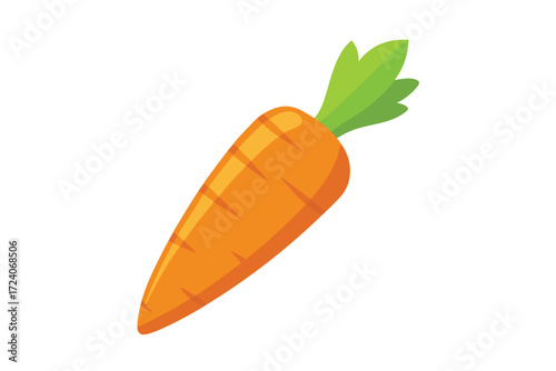Vibrant cartoon carrot with green leaves stands out against its pure white background