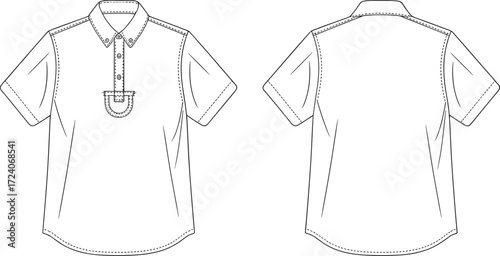 Men’s polo shirt flat sketch with short sleeves and button placket, casual fashion CAD template without pocket or back yoke, front and back views