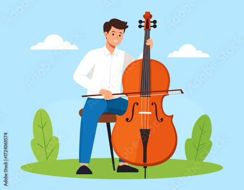 Illustration of a young man sitting on a chair while playing double bass outdoors, showing passion for classical music in a relaxed and artistic atmosphere.