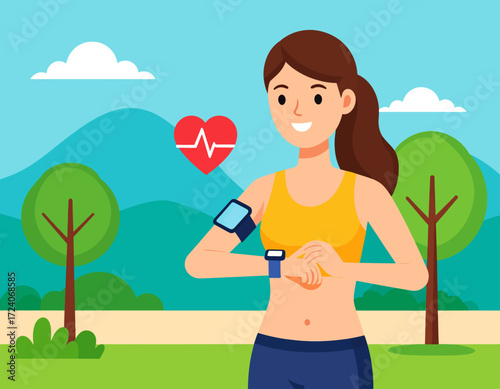 Illustration of a sporty woman checking smartwatch and heart rate while running outdoors in nature, highlighting fitness, healthy lifestyle, and modern technology.