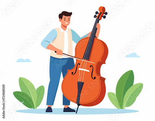 Illustration of a smiling man playing double bass outdoors, creating joyful music in a relaxed natural setting with green leaves and blue sky.