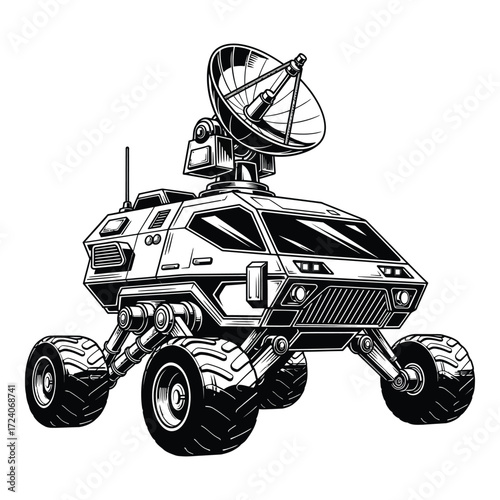 Illustration of a futuristic rover with a satellite dish