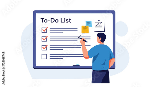 Man updating his to-do list on a whiteboard, planning tasks and goals.