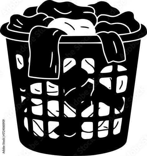 black and white silhouette of a laundry basket vector on a white background
