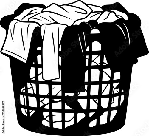 black and white silhouette of a laundry basket vector on a white background
