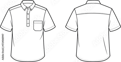 Men’s polo shirt flat sketch with short sleeves, button placket, chest pocket and back yoke, fashion CAD template front and back views