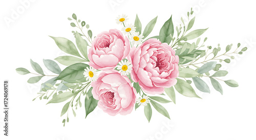 Illustration of watercolor floral arrangement with pink peonies and daisies, isolated on transparent background