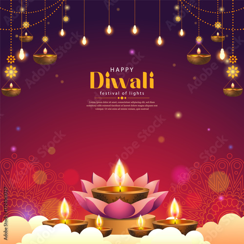 beautiful illustration of happy diwali background with lights and mandala decoration. diwali background with lights, mandala and cloud