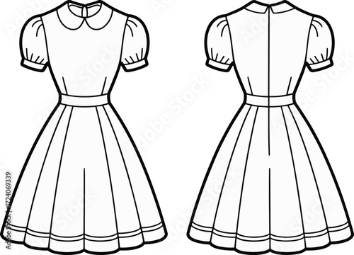 Women’s puff sleeve dress flat sketch with Peter Pan collar, waistband and flared skirt hem detail, fashion CAD template front and back views