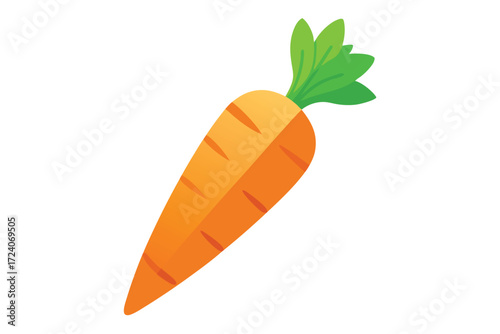 Single orange carrot with green leaves is placed on a white background