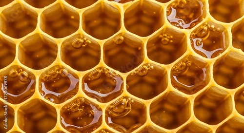 Golden honeycomb cells filled with sweet honey texture, close up view