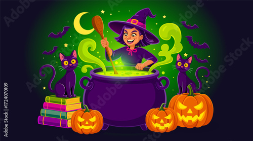 Cartoon witch with cauldron, pumpkins and black cats on Halloween night
