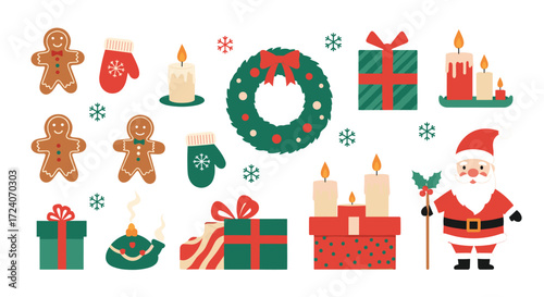 A delightful collection of festive christmas elements including gingerbread men mittens candles gifts wreath santa and snowflakes.