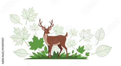 A majestic deer stands gracefully among lush green foliage and delicate falling leaves.