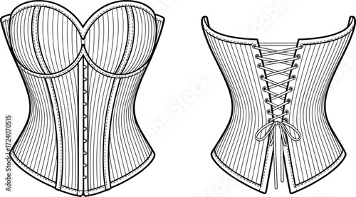 Women’s corset flat sketch with structured bust cups, vertical boning seams, lace-up back and front busk closure, lingerie fashion CAD template front back