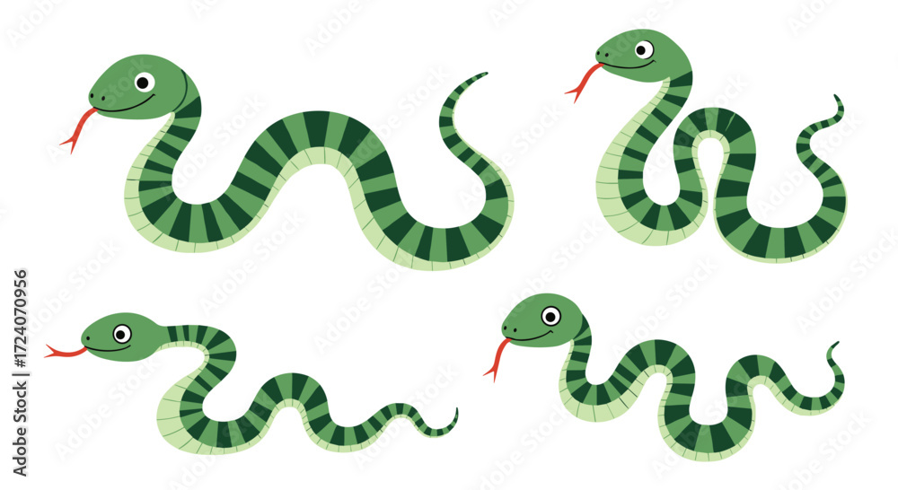 Fototapeta premium A collection of four cute cartoon snakes slithering in different poses.