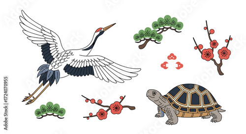 A traditional Japanese crane in flight with plum blossoms and a turtle.