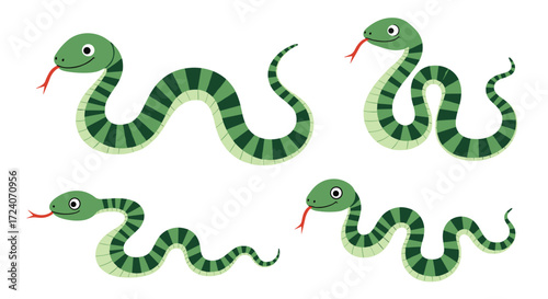 A collection of four cute cartoon snakes slithering in different poses.