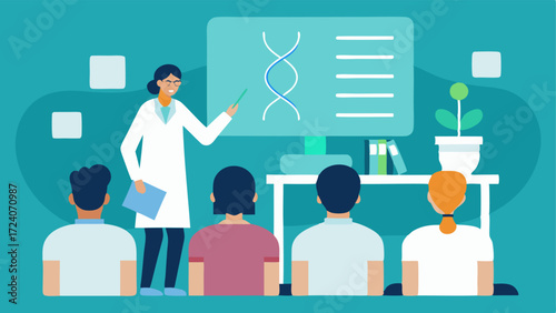 Education in Action A small classroom setup within the lab where one scientist is teaching a group of students about gene editing with visual aids showing DNA and CRISPR mechanics.