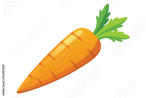 Bright orange carrot with green leaves is shown on a white background