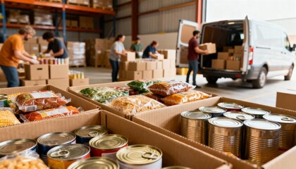 Close-up of aid boxes with food staples in warehouse, volunteers preparing and loading for distribution