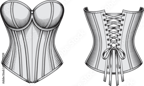 Women’s corset flat sketch with structured cups, boning seams, lace-up back and bow detail, lingerie fashion CAD template front back