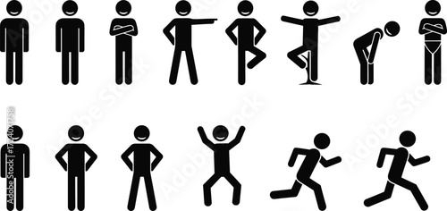 Stick figure poses, human silhouettes, black icons, body movement, gesture variety, running and standing, white background, posture set, activity concept, illustration