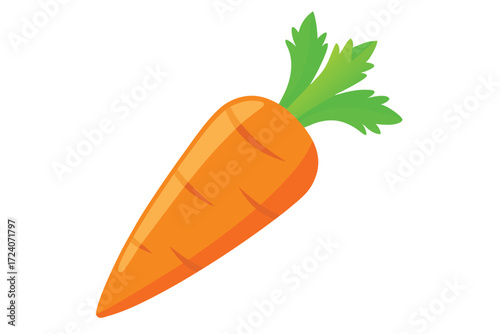 An orange cartoon carrot showcases vibrant green leaves against a bright white backdrop