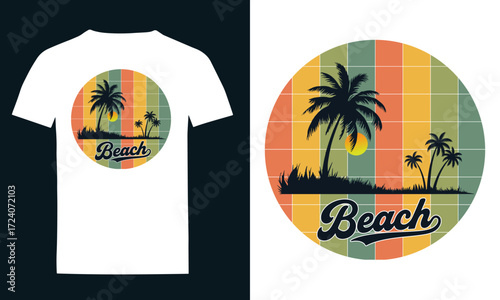 Retro Sunset Beach T-Shirt Design with Palm Tree Silhouette and Summer Vibes.