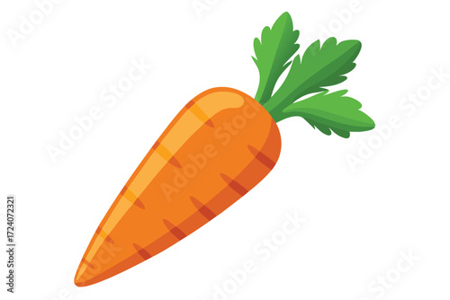 Cartoon carrot displays vibrant colors and healthy green leaves against a stark white backdrop