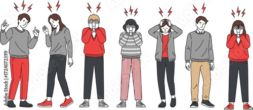 Stressed people illustration, emotional distress, mental strain, frustration pose, red lightning, casual clothing, black figures, white background, anxiety concept, expression set