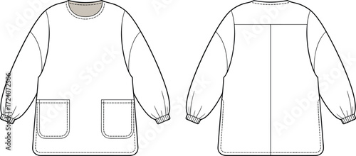 Women’s tunic top flat sketch with crew neckline, long sleeves, elastic cuffs, front patch pockets, casual oversized blouse fashion template