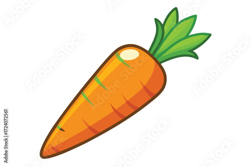 Cartoon orange carrot displays vibrant green leaves against a clean white background