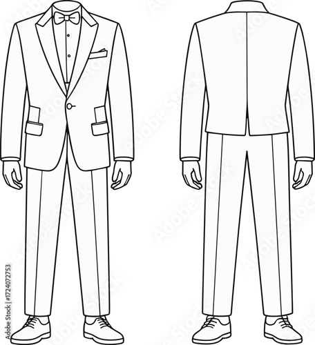 Men’s tuxedo flat sketch with bow tie, blazer, dress shirt, tailored trousers, pocket details, formal wear outfit fashion CAD template