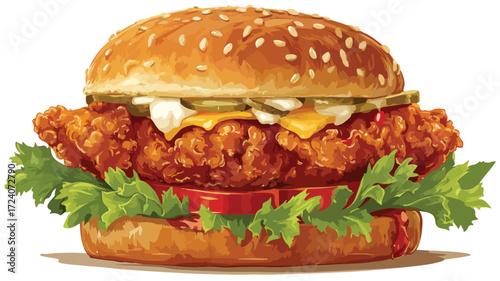Delicious Spicy Fried Chicken Burger Vector Illustration