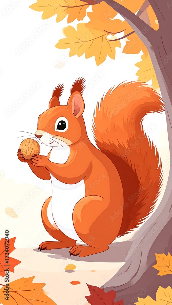 Fototapeta premium Cute squirrel with nut under autumn tree