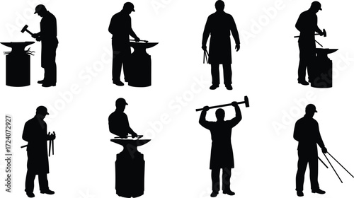 Blacksmith silhouettes, metalworking, hammer, anvil, forging, traditional craft, blacksmithing, ironwork, 