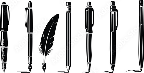 Fountain pen, ballpoint pen, feather quill, pencil drawing, vintage writing tools, ink illustration, office stationery, calligraphy design, vector sketch art