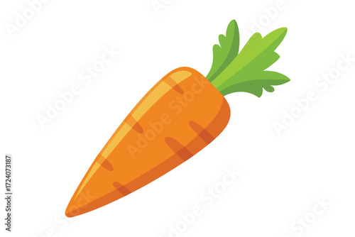 An orange carrot with vibrant green leaves is shown against a plain background