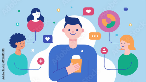 Community Sharing An illustration of the person sharing their microbiome journey on a social media platform with friends promoting awareness about gut health.