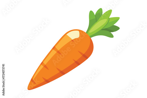 Vibrant orange carrot displays fresh green leaves in a clean, crisp studio setting
